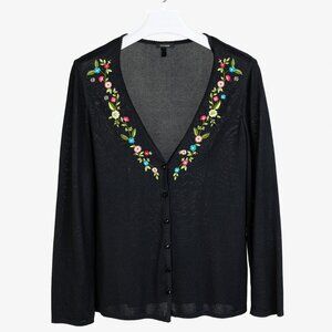 Escada Black Floral Embroidered Deep V Cardigan
